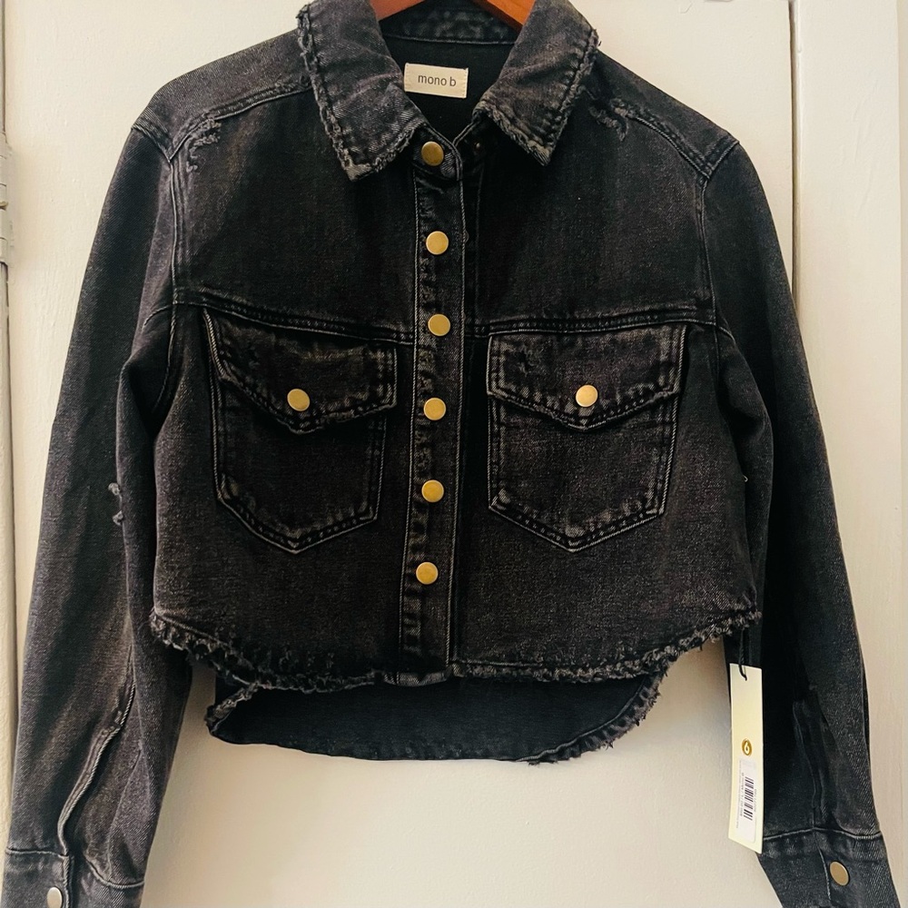 Mono B Aysmmetrical Black Denim Jacket with Gold Accents